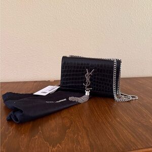 Saint Laurent Black Croc Embossed Wallet with Silver Chain